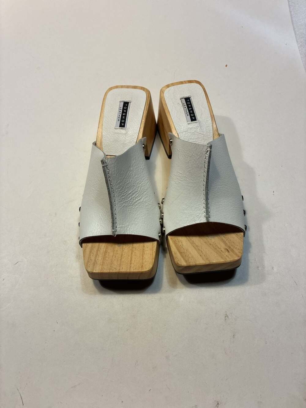 Topshop Rosie Leather Open-Toe Studded Wooden Clog Mules